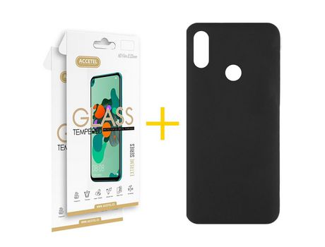Pack 2 X Protector de Vidrio Templado 2.5D + Funda ACCETEL para Huawei Y6 2019 Silicona Líquida Negro
