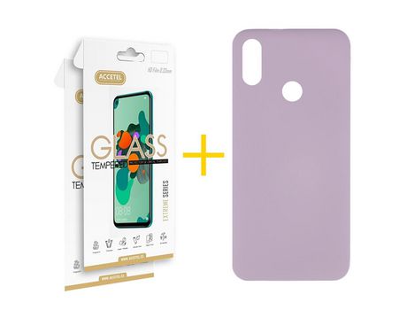 Pack 2 X Protector de Vidrio Templado 2.5D + Funda ACCETEL para Huawei Y6 2019 Silicona Líquida Morado