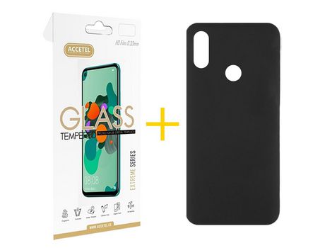 Pack 1 X Protector de Vidrio Templado 2.5D + Funda ACCETEL para Huawei Y6 2019 Silicona Líquida Negro