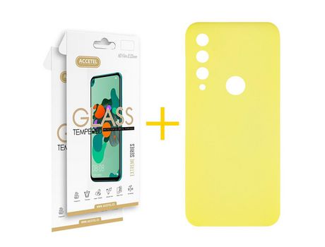 Pack 2 X Protector de Vidrio Templado 2.5D + Funda ACCETEL para Huawei Y6P Silicona Líquida Amarillo
