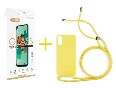 Pack 1 X Protector de Vidrio Templado 2.5D + Funda ACCETEL para Xiaomi Redmi 9A Gel con Cordón Amarillo