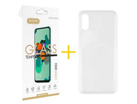 Pack 1 X Protector de Vidrio Templado 2.5D + Funda ACCETEL para Xiaomi Redmi 9AT Silicona Líquida Transparente Clear