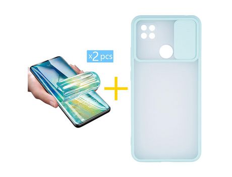 Pack 2 X Protector de Vidrio Templado Hidrogel + Funda ACCETEL para Xiaomi Redmi 9C NFC Gel Protección Cámara Verde-Mar