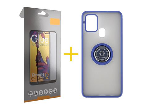 Pack 1 Película Full + Funda SKYHE por Samsung Galaxy A21s Gel Bumper con Anillo Azul