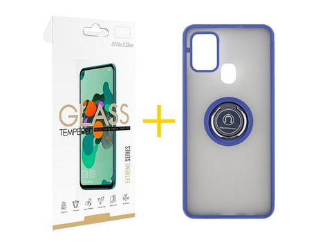 Pack 1 Película 2.5D + Funda SKYHE por Samsung Galaxy A21s Gel Bumper con Anillo Azul