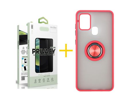 Pack 1 Película Antiespia + Funda SKYHE por Samsung Galaxy A21s Gel Bumper con Anillo Rojo