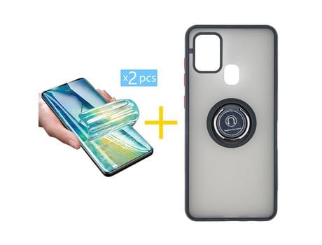 Pack 2 X Protector de Vidrio Templado Hidrogel + Funda ACCETEL para Samsung Galaxy A21s Gel Bumper con Anillo Negro