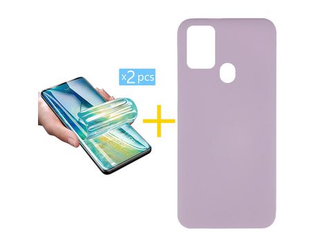 Pack 2 X Protector de Vidrio Templado Hidrogel + Funda ACCETEL para Samsung Galaxy A21s Silicona Líquida Morado