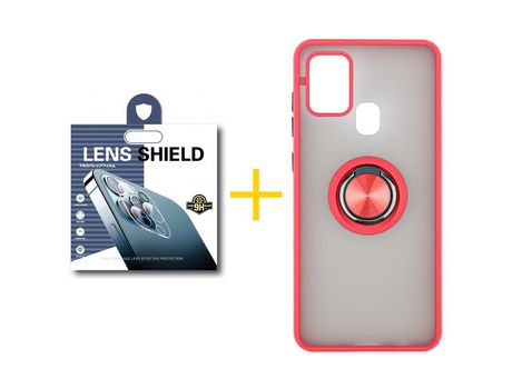 Pack 1 Película de Cámara trasera + Funda SKYHE por Samsung Galaxy A21s Gel Bumper con Anillo Rojo