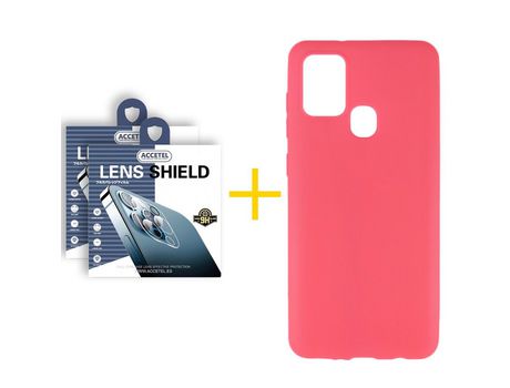 Pack 2 X Protector de Cámara trasera + Funda ACCETEL para Samsung Galaxy A21s Silicona Liso Rosa