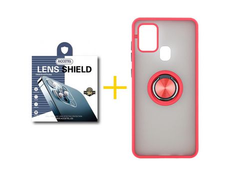 Pack 1 X Protector de Cámara trasera + Funda ACCETEL para Samsung Galaxy A21s Gel Bumper con Anillo Rojo