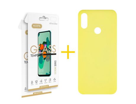 Pack 2 X Protector de Vidrio Templado 2.5D + Funda ACCETEL para Huawei Y6 2019 Silicona Líquida Amarillo