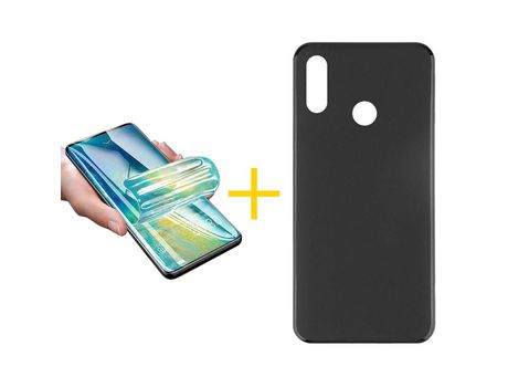 Pack 1 X Protector de Vidrio Templado Hidrogel + Funda ACCETEL para Huawei Y6 2019 Silicona Liso Negro