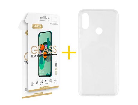 Pack 2 X Protector de Vidrio Templado 2.5D + Funda ACCETEL para Huawei Y6 2019 Silicona Líquida Transparente Clear