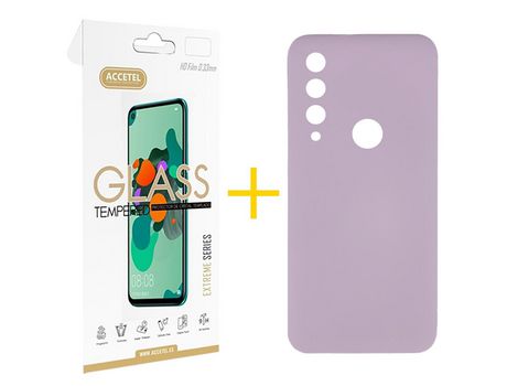 Pack 1 X Protector de Vidrio Templado 2.5D + Funda ACCETEL para Huawei Y6P Silicona Líquida Morado
