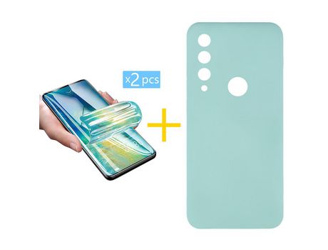 Pack 2 X Protector de Vidrio Templado Hidrogel + Funda ACCETEL para Huawei Y6P Silicona Líquida Verde-Agua