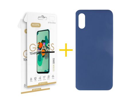 Pack 2 X Protector de Vidrio Templado 2.5D + Funda ACCETEL para Xiaomi Redmi 9AT Silicona Líquida Azul