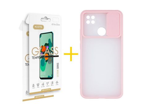 Pack 2 X Protector de Vidrio Templado 2.5D + Funda ACCETEL para Xiaomi Redmi 9C NFC Gel Protección Cámara Rosa