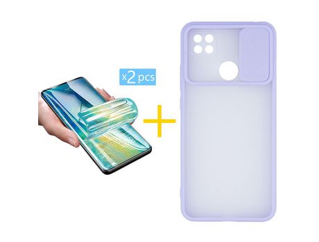 Pack 2 X Protector de Vidrio Templado Hidrogel + Funda ACCETEL para Xiaomi Redmi 9C NFC Gel Protección Cámara Violeta