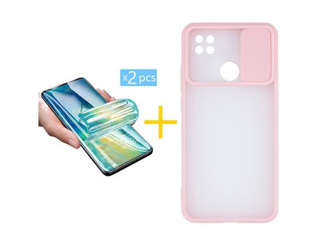 Pack 2 X Protector de Vidrio Templado Hidrogel + Funda ACCETEL para Xiaomi Redmi 9C NFC Gel Protección Cámara Rosa
