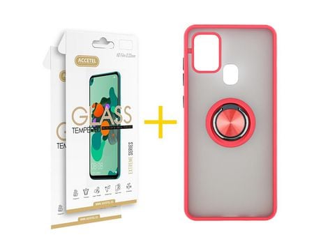 Pack 2 X Protector de Vidrio Templado 2.5D + Funda ACCETEL para Samsung Galaxy A21s Gel Bumper con Anillo Rojo