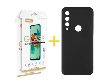 Pack 2 X Protector de Vidrio Templado 2.5D + Funda ACCETEL para Huawei Y6P Silicona Líquida Negro