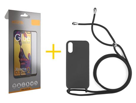 Pack 1 X Protector de Vidrio Templado Full + Funda ACCETEL para Xiaomi Redmi 9A Gel con Cordón Negro