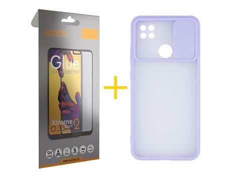 Pack 1 X Protector de Vidrio Templado Full + Funda ACCETEL para Xiaomi Redmi 9C NFC Gel Protección Cámara Violeta