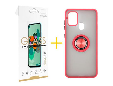 Pack 1 Película 2.5D + Funda SKYHE por Samsung Galaxy A21s Gel Bumper con Anillo Rojo