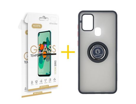 Pack 2 X Protector de Vidrio Templado 2.5D + Funda ACCETEL para Samsung Galaxy A21s Gel Bumper con Anillo Negro