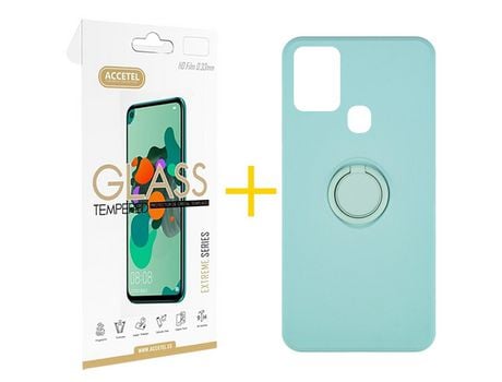 Pack 1 X Protector de Vidrio Templado 2.5D + Funda ACCETEL para Samsung Galaxy A21s Gel O-Ring Verde-Agua