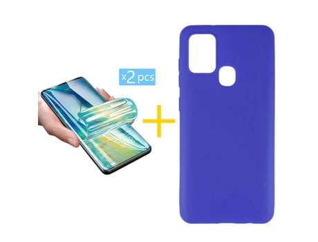 Pack 2 X Protector de Vidrio Templado Hidrogel + Funda ACCETEL para Samsung Galaxy A21s Silicona Liso Azul