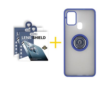 Pack 2 X Protector de Cámara trasera + Funda ACCETEL para Samsung Galaxy A21s Gel Bumper con Anillo Azul