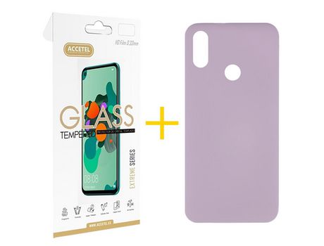 Pack 1 X Protector de Vidrio Templado 2.5D + Funda ACCETEL para Huawei Y6 2019 Silicona Líquida Morado