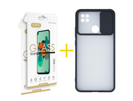 Pack 2 X Protector de Vidrio Templado 2.5D + Funda ACCETEL para Xiaomi Redmi 9C NFC Gel Protección Cámara Negro