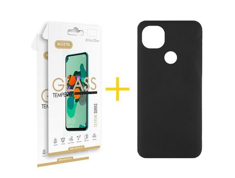 Pack 2 X Protector de Vidrio Templado 2.5D + Funda ACCETEL para Xiaomi Redmi 9C NFC Silicona Líquida Negro