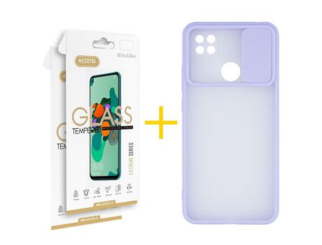 Pack 2 X Protector de Vidrio Templado 2.5D + Funda ACCETEL para Xiaomi Redmi 9C NFC Gel Protección Cámara Violeta
