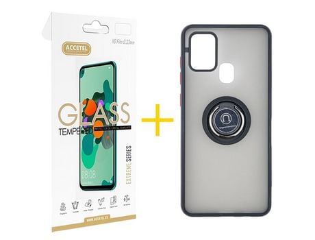 Pack 1 X Protector de Vidrio Templado 2.5D + Funda ACCETEL para Samsung Galaxy A21s Gel Bumper con Anillo Negro