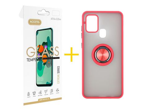 Pack 1 X Protector de Vidrio Templado 2.5D + Funda ACCETEL para Samsung Galaxy A21s Gel Bumper con Anillo Rojo