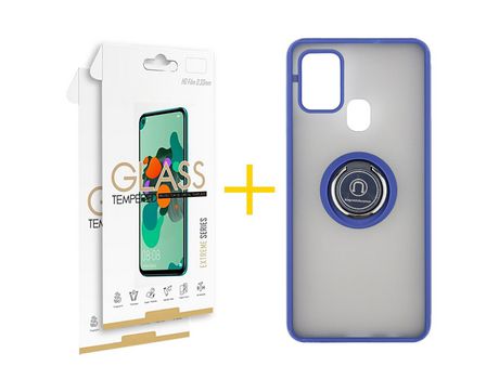 Pack 2 Películas 2.5D + Funda SKYHE por Samsung Galaxy A21s Gel Bumper con Anillo Azul