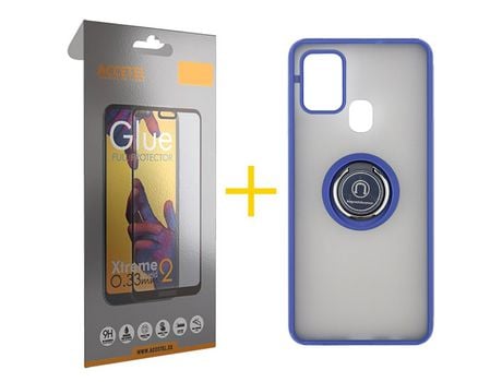 Pack 1 X Protector de Vidrio Templado Full + Funda ACCETEL para Samsung Galaxy A21s Gel Bumper con Anillo Azul