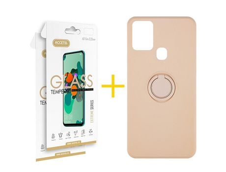 Pack 2 X Protector de Vidrio Templado 2.5D + Funda ACCETEL para Samsung Galaxy A21s Gel O-Ring Rosa Pastel