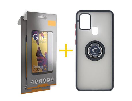 Pack 2 Películas Full + Funda SKYHE por Samsung Galaxy A21s Gel Bumper con Anillo Negro