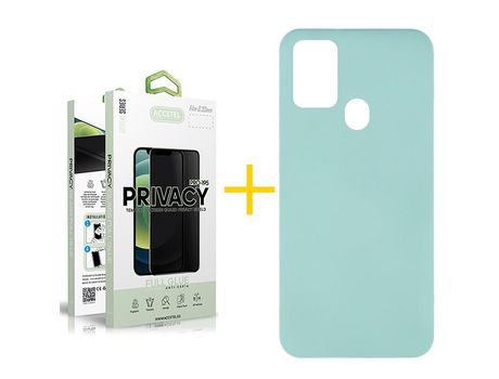 Pack 1 X Protector de Vidrio Templado Anti espía + Funda ACCETEL para Samsung Galaxy A21s Silicona Líquida Verde-Agua