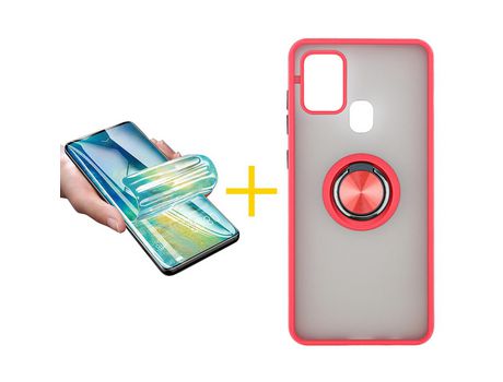 Pack 1 X Protector de Vidrio Templado Hidrogel + Funda ACCETEL para Samsung Galaxy A21s Gel Bumper con Anillo Rojo