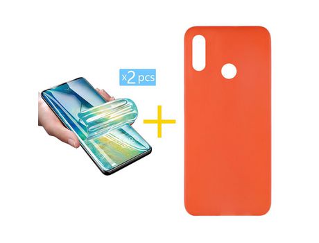 Pack 2 Películas + Funda SKYHE por Huawei Y7 2019 Silicona Liso Rojo