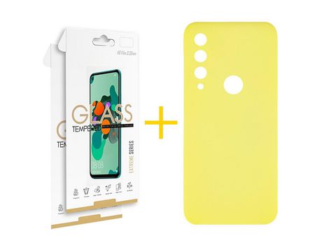 Pack 2 Películas 2.5D + Funda SKYHE por Huawei Y6P Silicona Líquida Amarillo