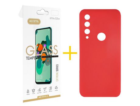 Pack 1 X Protector de Vidrio Templado 2.5D + Funda ACCETEL para Huawei Y6P Silicona Líquida Rojo