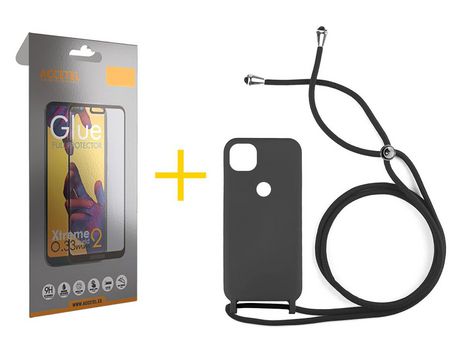 Pack 1 X Protector de Vidrio Templado Full + Funda ACCETEL para Xiaomi Redmi 9C NFC Gel con Cordón Negro