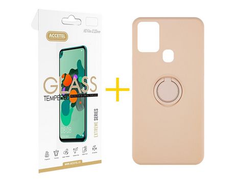 Pack 1 X Protector de Vidrio Templado 2.5D + Funda ACCETEL para Samsung Galaxy A21s Gel O-Ring Rosa Pastel